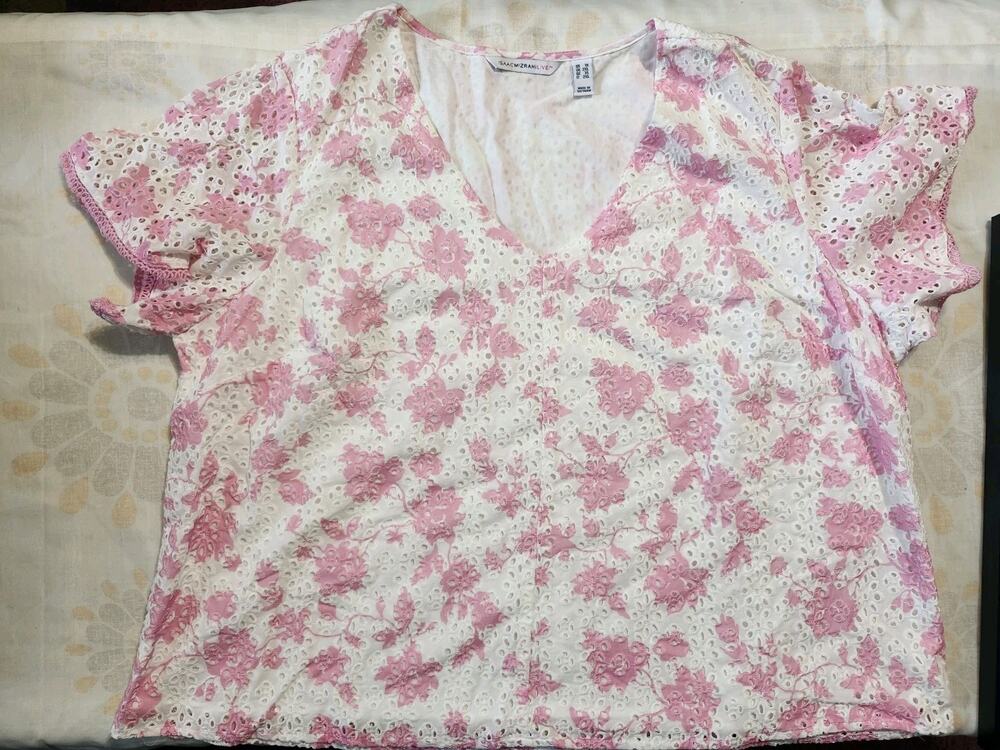 Isaac Mizrahi Live Blouse Sz 1X Short Sleeve Layered Eyelet Pink White Floral